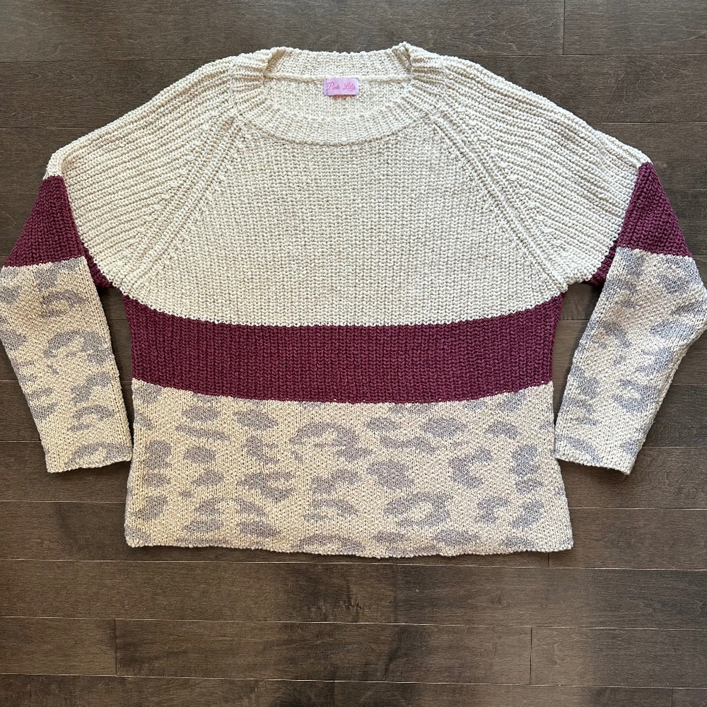 Pink Lily Chunky Oversized Cheetah Sweater Cream Burgundy‎ Cozy Cotton blend  SM